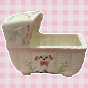 Vintage 1950s Style Retro Kitsch Kidcore Cottagecore Ceramic Lamb Crib Planter